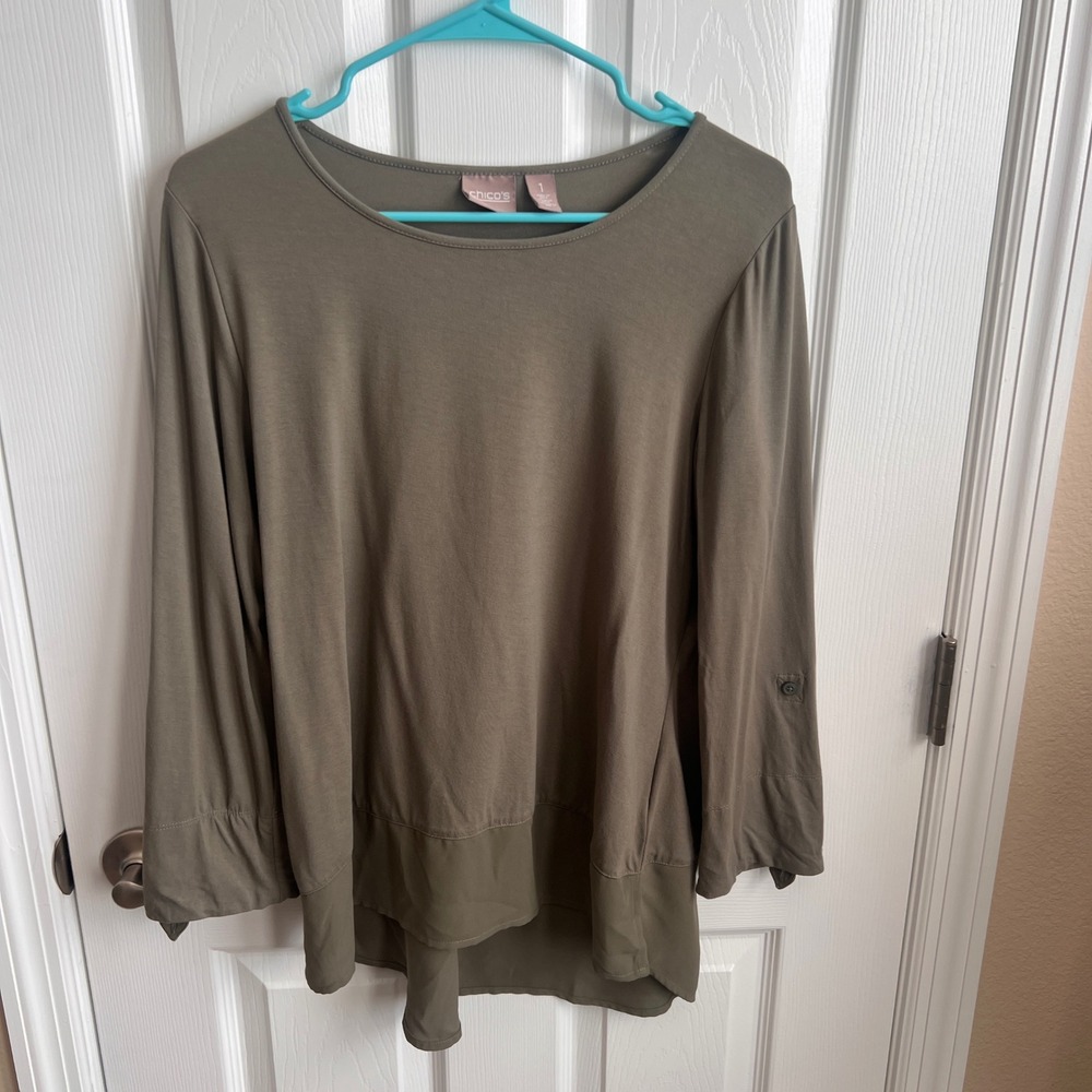 Chicos Olive Green Roll Tab Sleeve Tunic Top‎ Blouse with Chiffon Hem Women Sz 1